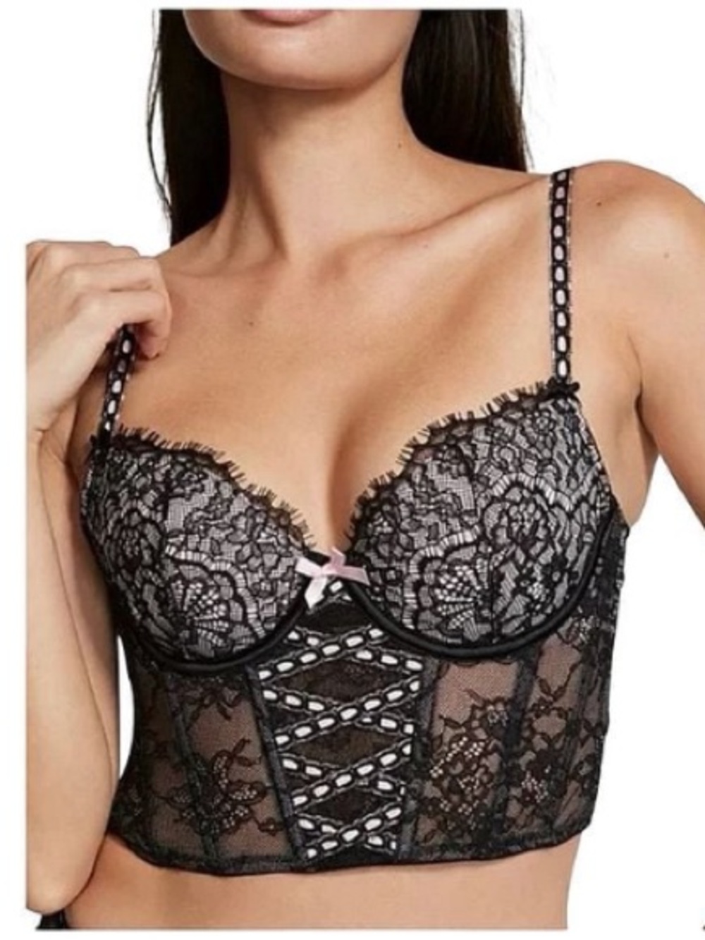 Victory’s secret Black Lace Longline Push-Up Bra with Pink Accent